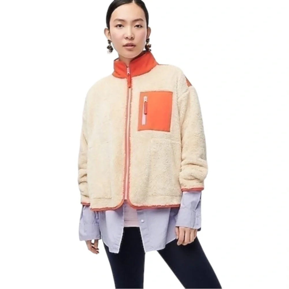 NEW J. Crew Weekend Superplush Sherpa Full-Zip Jacket in Colorblock Cream Orange - Picture 15 of 15